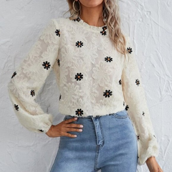MODA ME COUTURE Tops - Embroidered Lacey Blouse with Floral Print